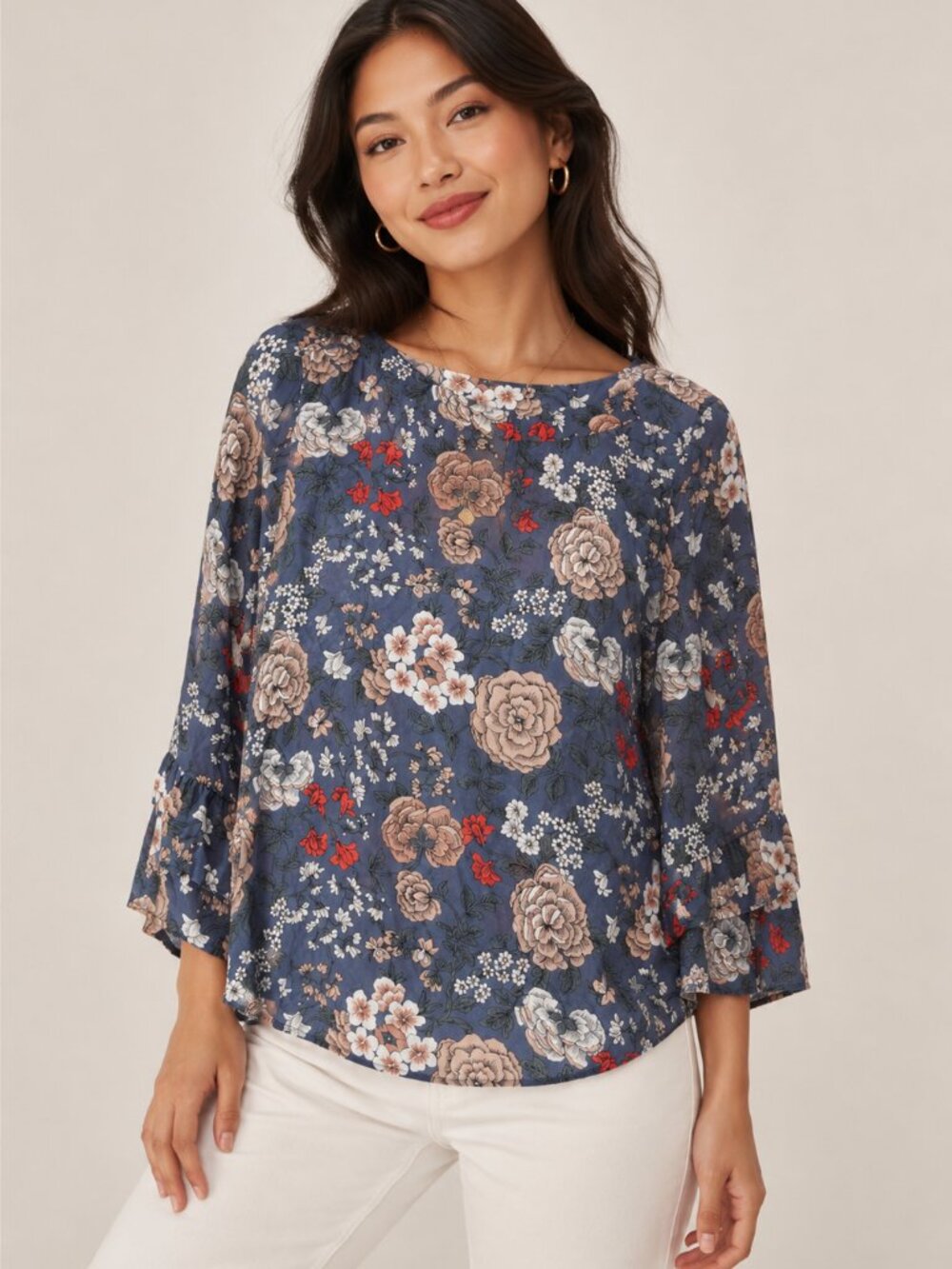 LOFT Outlet Floral Tiered Bell Sleeve Blouse Dusty Indigo Size M NWT